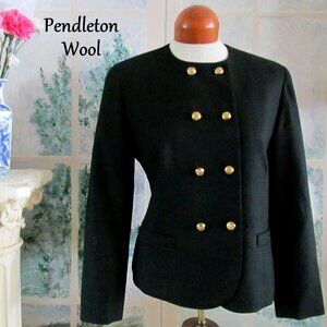PENDLETON WOOL JACKET, 8P, PETITE, BLACK w GOLDEN CRESTED BUTTONS, EXC VINTAGE